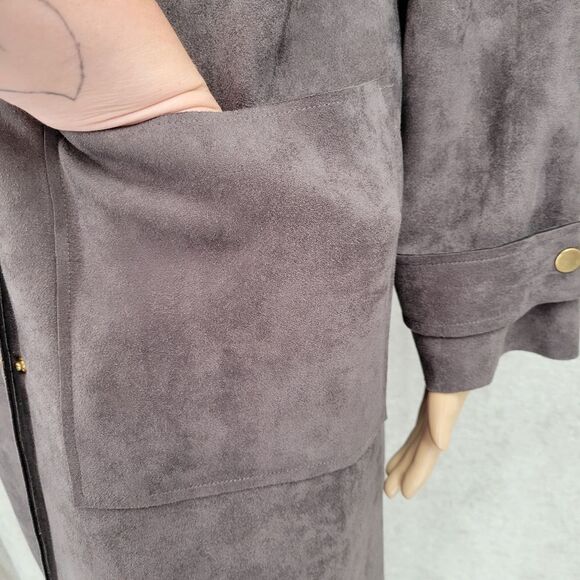 BLVD Dark Gray Poly Sueded Long Line Trench Coat Duster Jacket Snap Closures - Picture 3 of 15